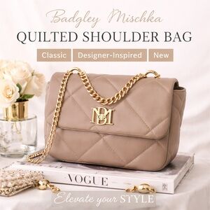 Badgley Mischka Quilted Taupe Leather Chain Shoulder Bag | Designer Crossbody